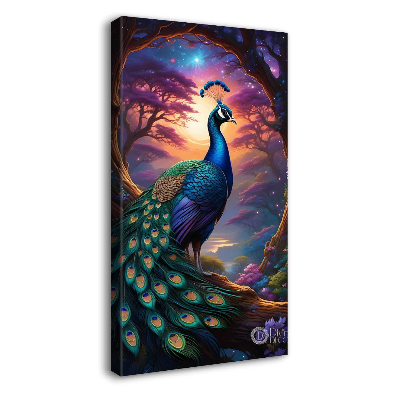 Peacock on branch in front of moon with purple background modern art painting  - Design - Peacock-V-41