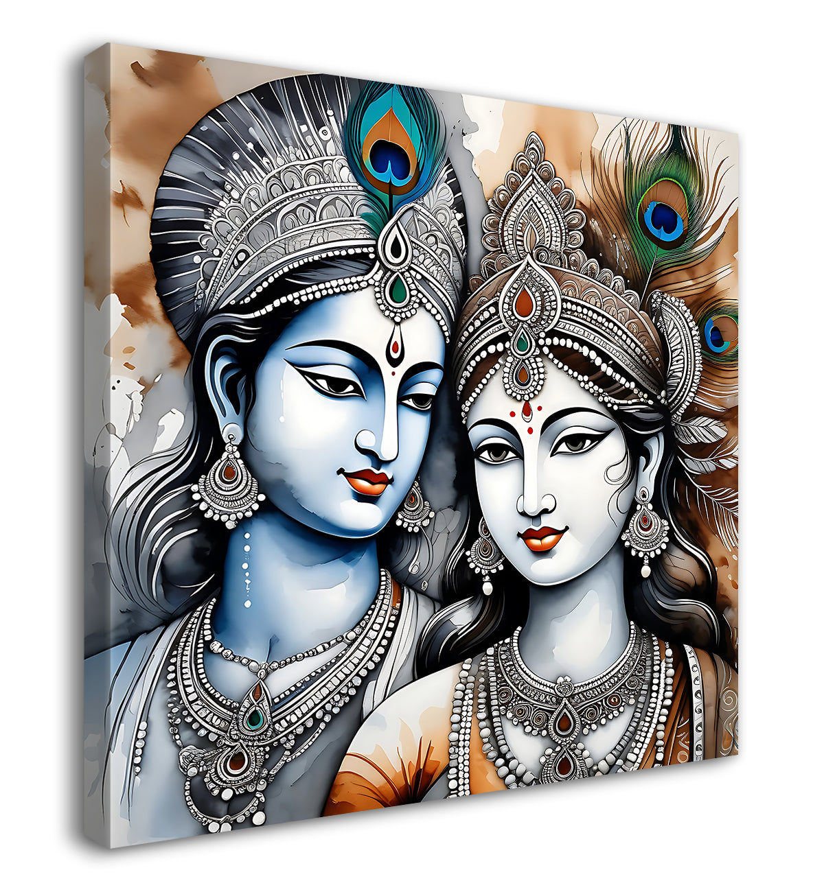 Krishna and radha with grey and bown textured oil painting Canvas Painting 24X24- Design - Krishna-S-41