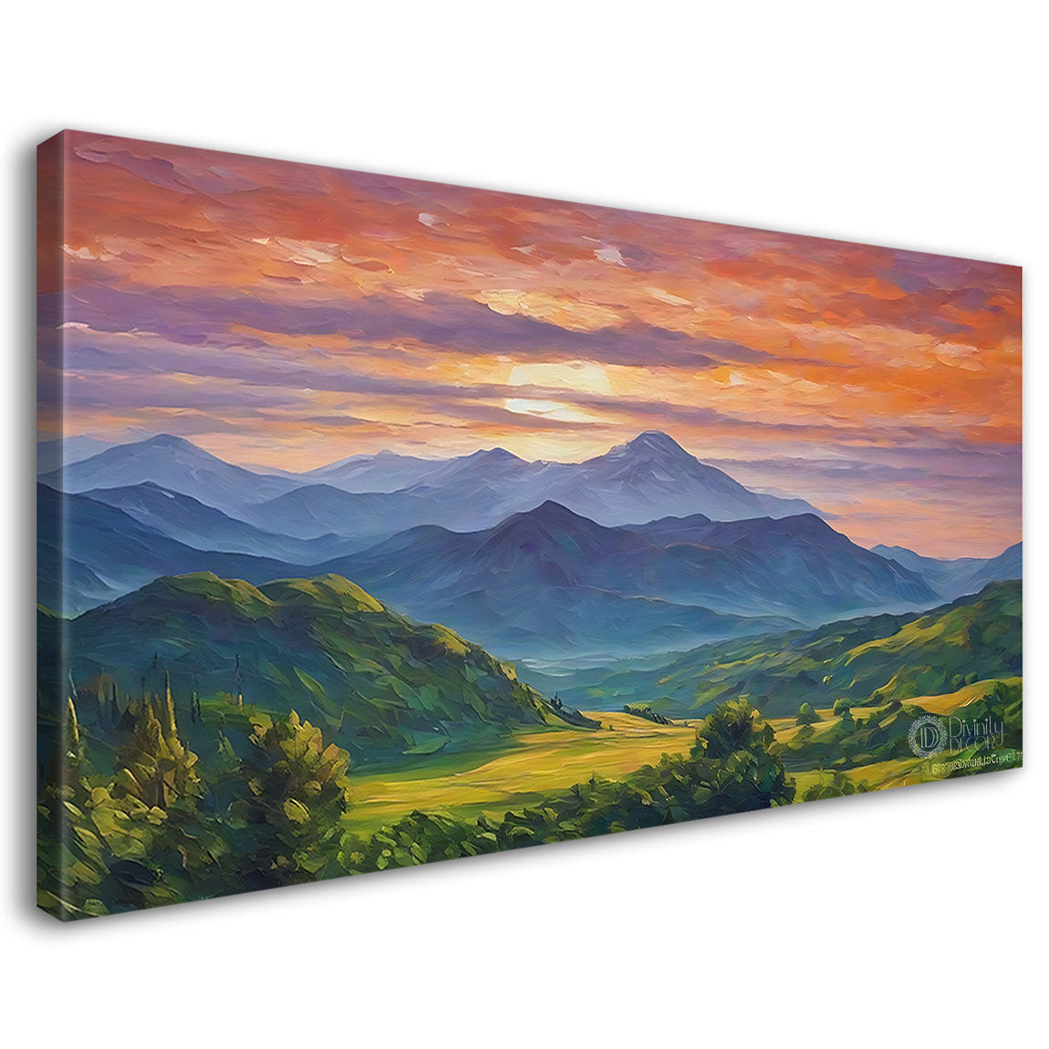 Mountains with greenery in orange sky in textured natural art Canvas Painting - Nature Art -41