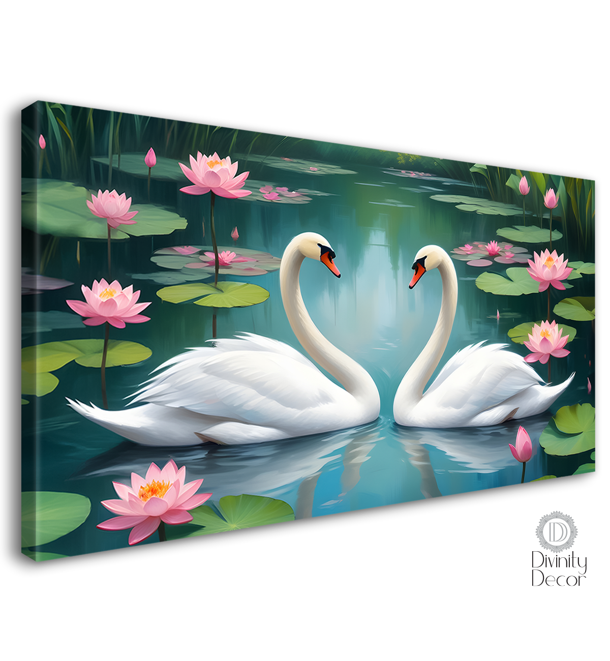 Two swans floating with lotus and green background textured art. - Design - Animal -41