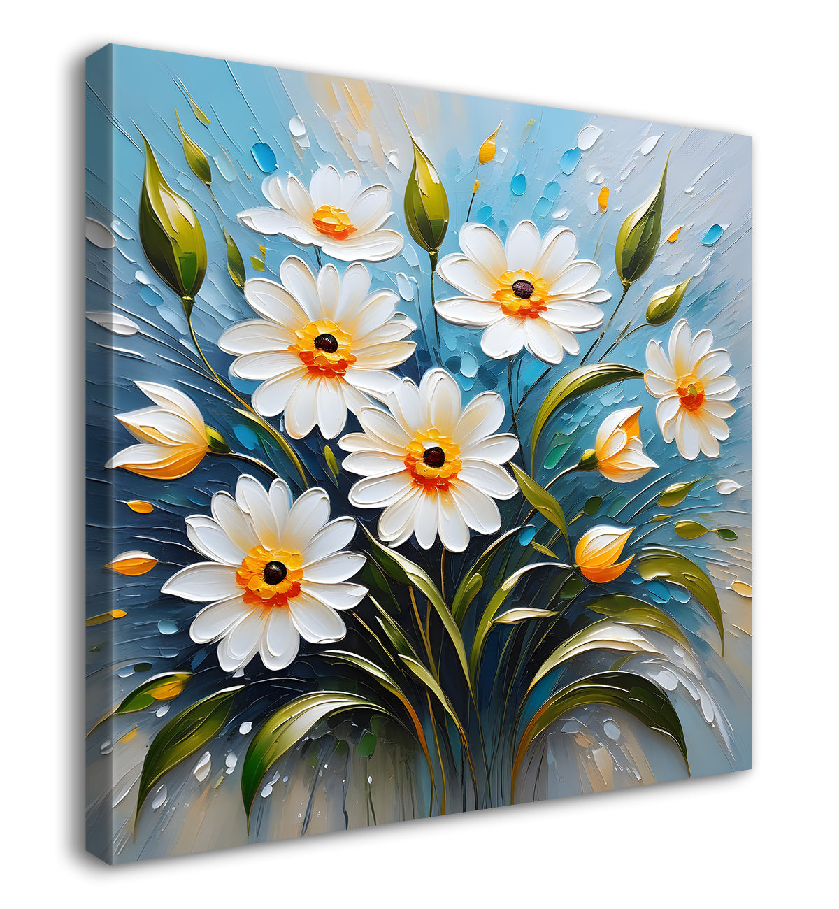 White flowers in blue background textured painting   - Flower-S-41