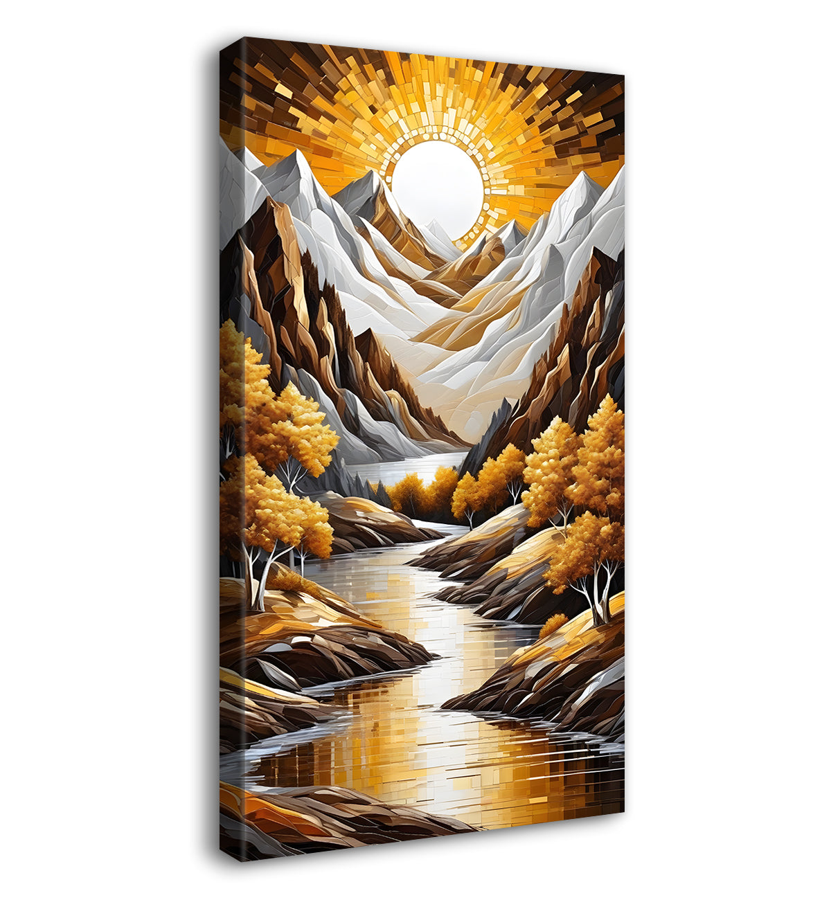Mountian with golden detailing with lake and sunrise Canvas Painting - Nature Art -V-41