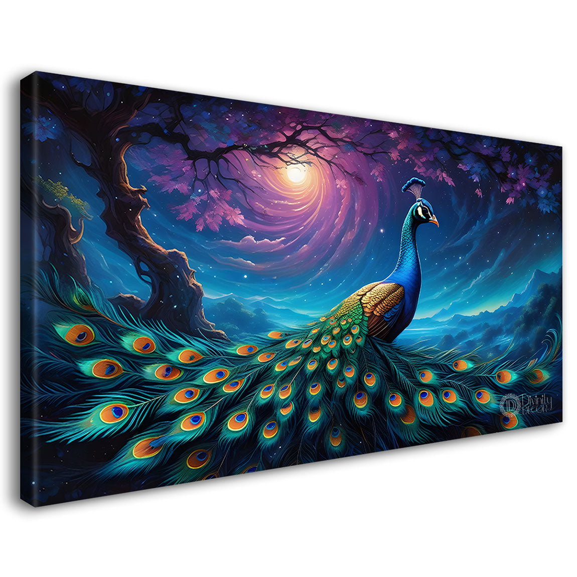 Peacock on the branch with blue background modern art Canvas Painting - Design - Peacock-42