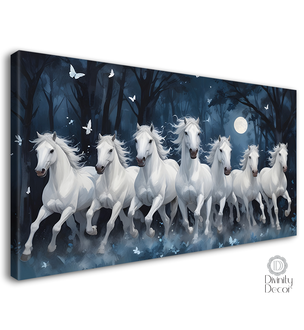 White running horses with white butterflies and trees in night textured background art Canvas Painting - Design - Horse-42