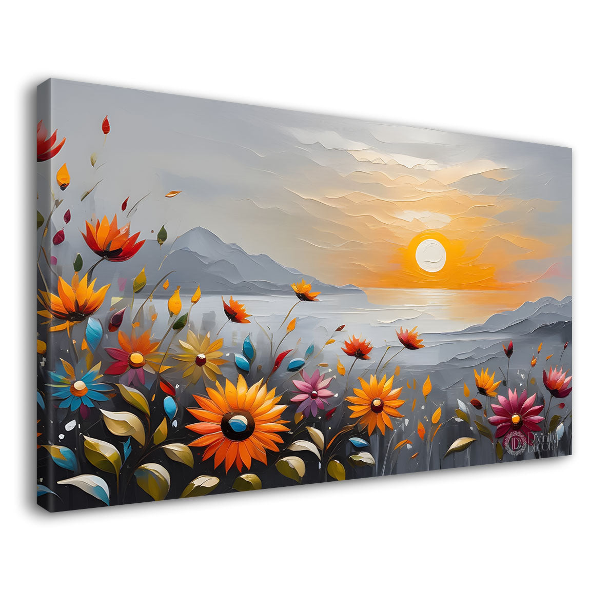 Orange flowers with the sunset and river textured painting canvas painting- Flower-420