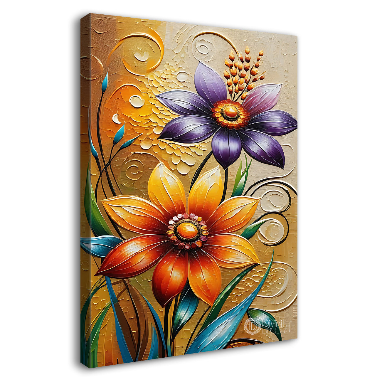 Orange and purple flowers in light brown textured painting- Flower-V-421