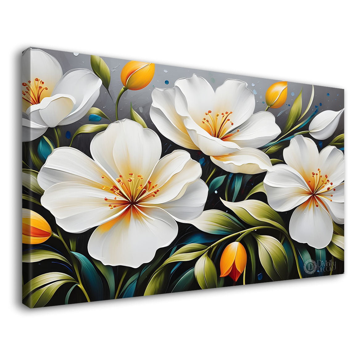 White flowers in grey background canvas painting- Flower-421