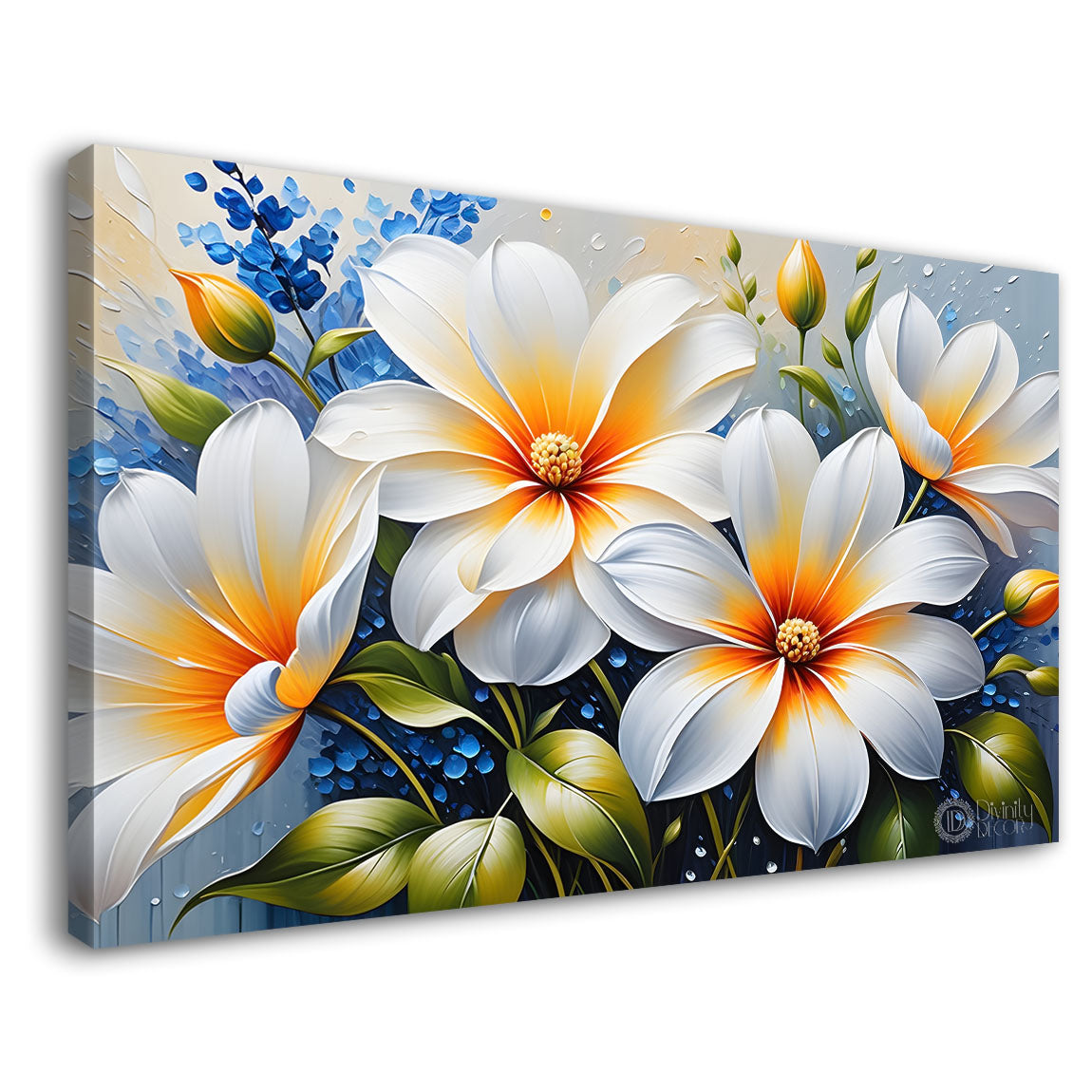 White flowers in blue background canvas painting- Flower-422