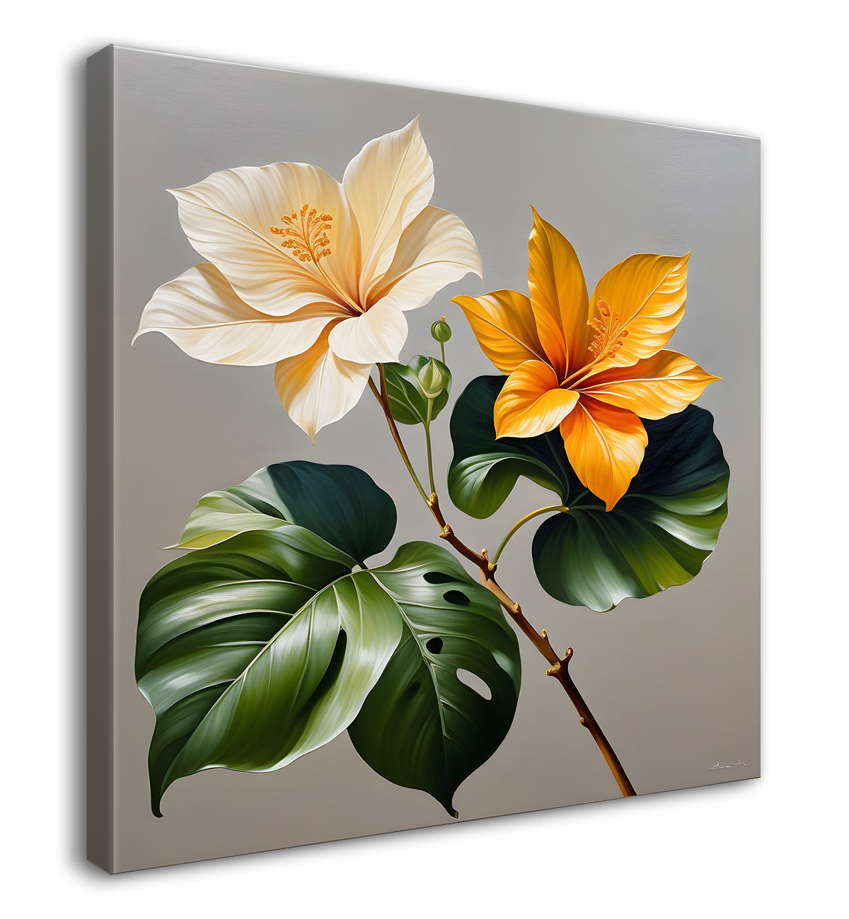 White and orange flower in textured oil painting  - Flower-S-422