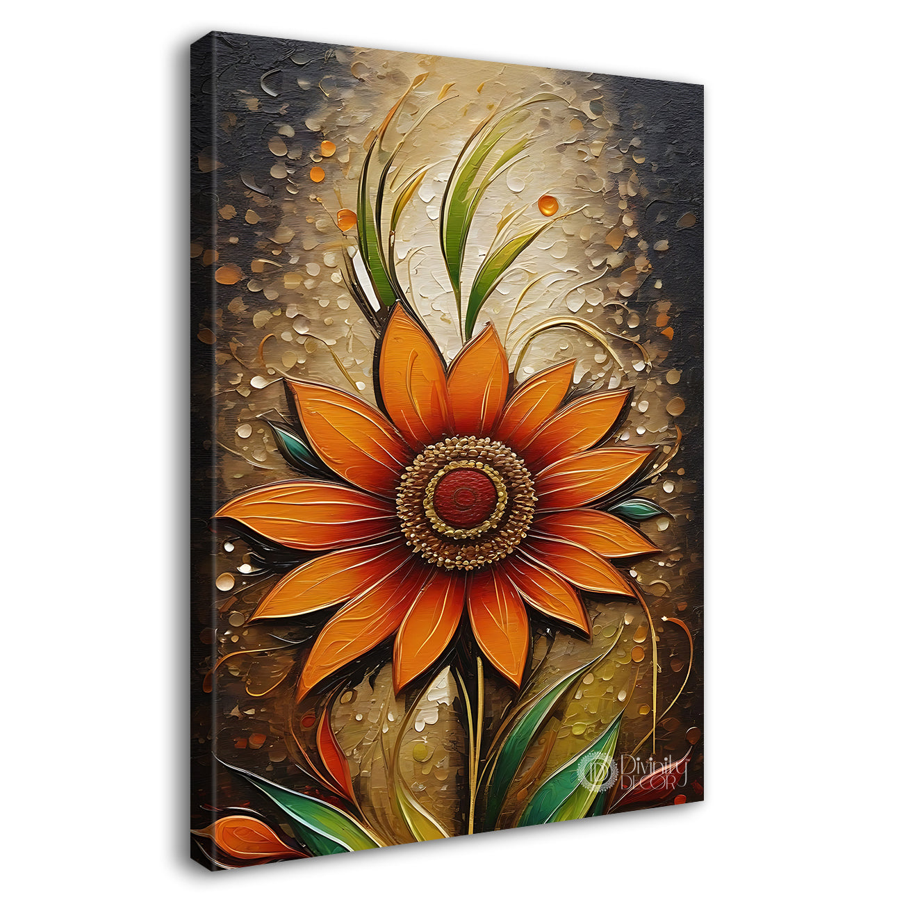 Orange flowers in light brown textured painting- Flower-V-423