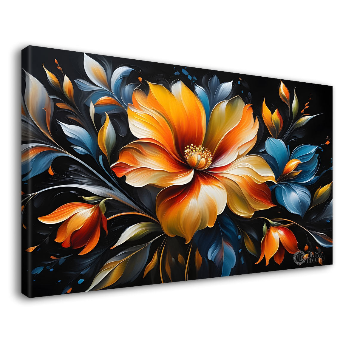 Orange flowers in black background canvas painting- Flower-423