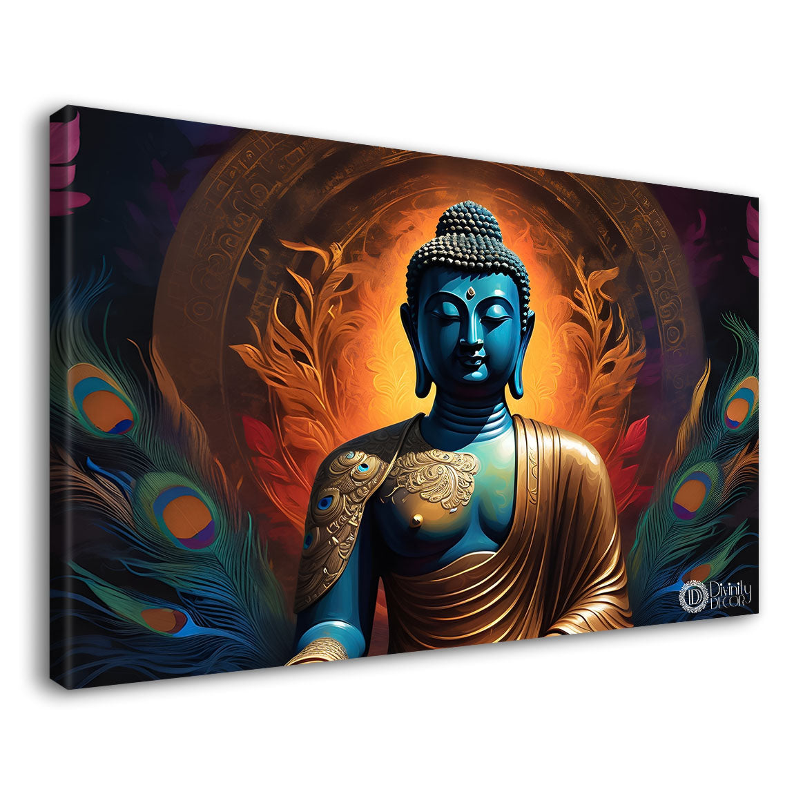 Blue buddha with the peacock feathers background textured painting Canvas Wall Painting - Buddha-424