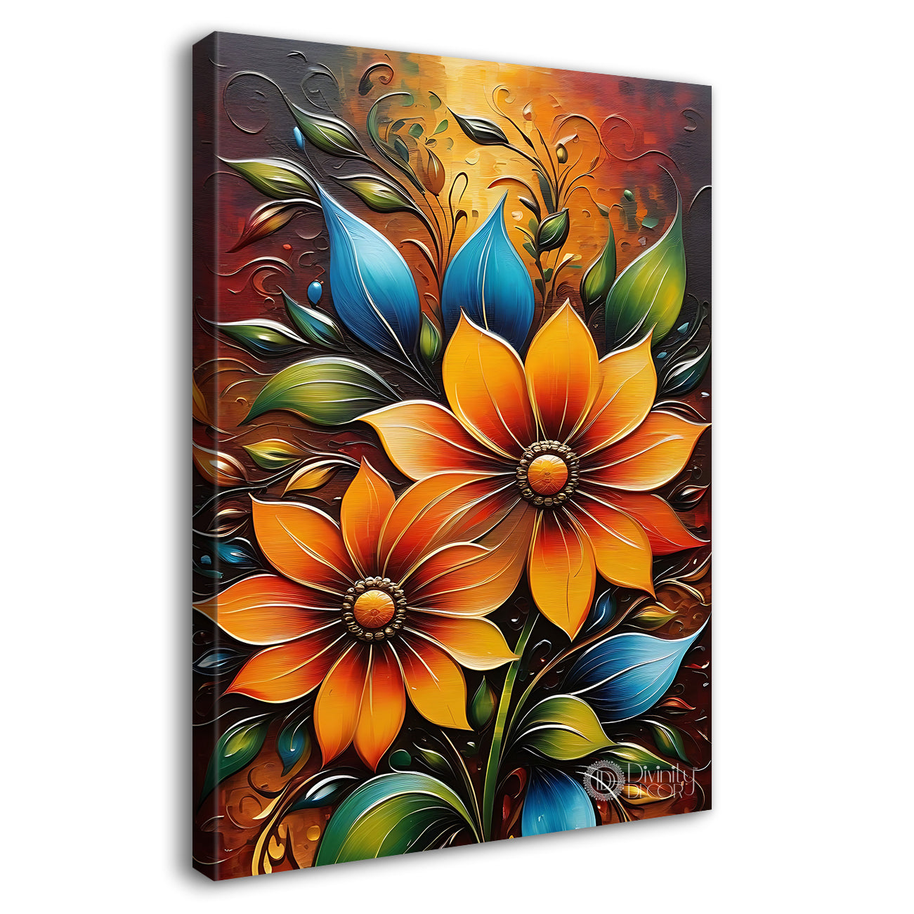 Orange flowers in light brown textured painting- Flower-V-424
