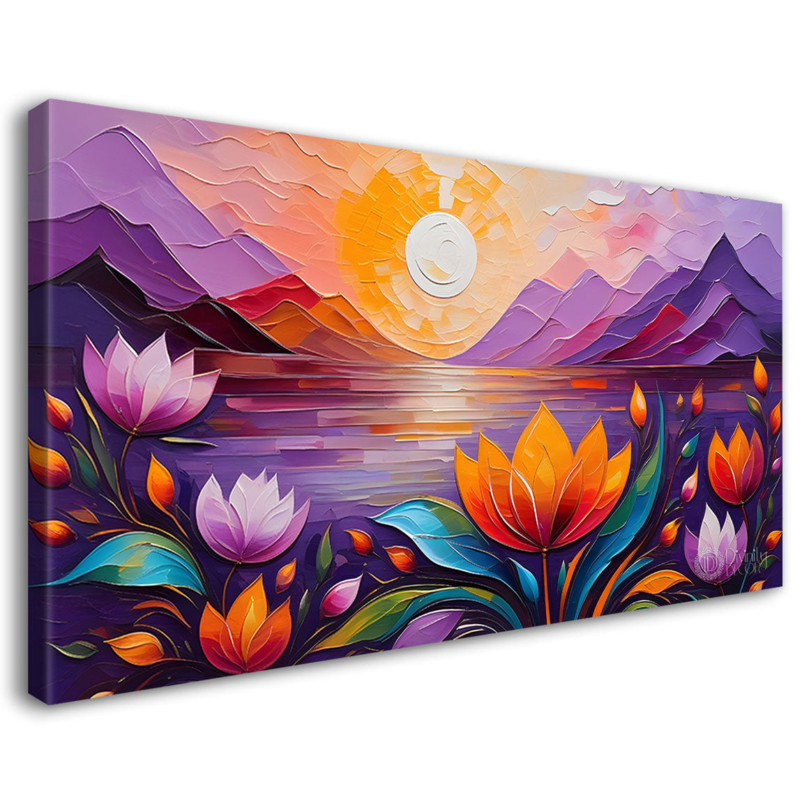 Mountains and flowers with sunrise painting Canvas Painting - Nature Art -424