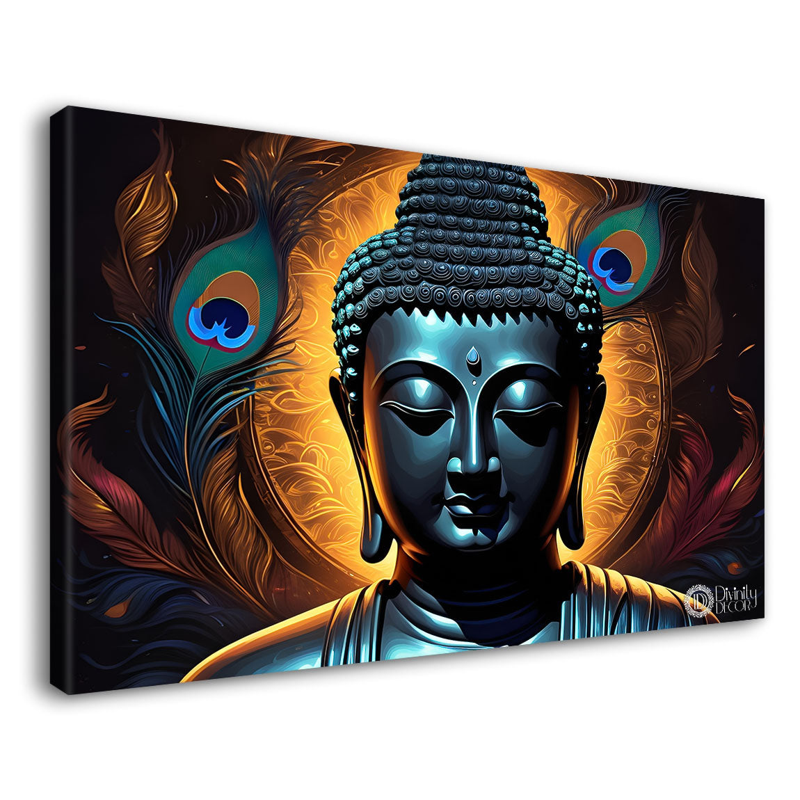 Blue buddha with the peacock feathers background textured painting Canvas Wall Painting - Buddha-425