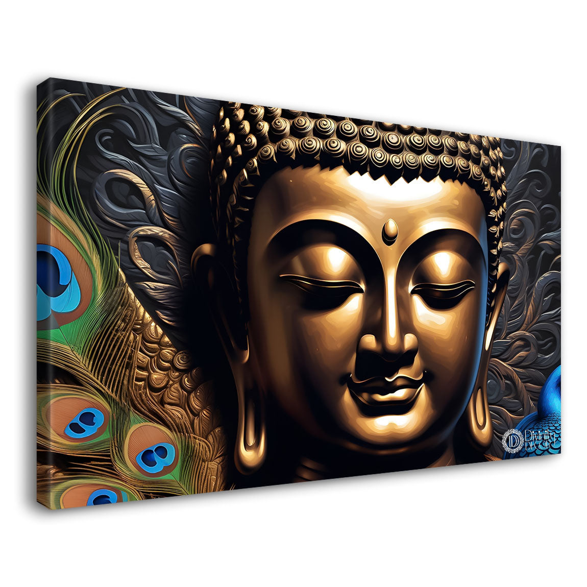 Golden buddha with the peacock feathers background textured painting Canvas Wall Painting - Buddha-426