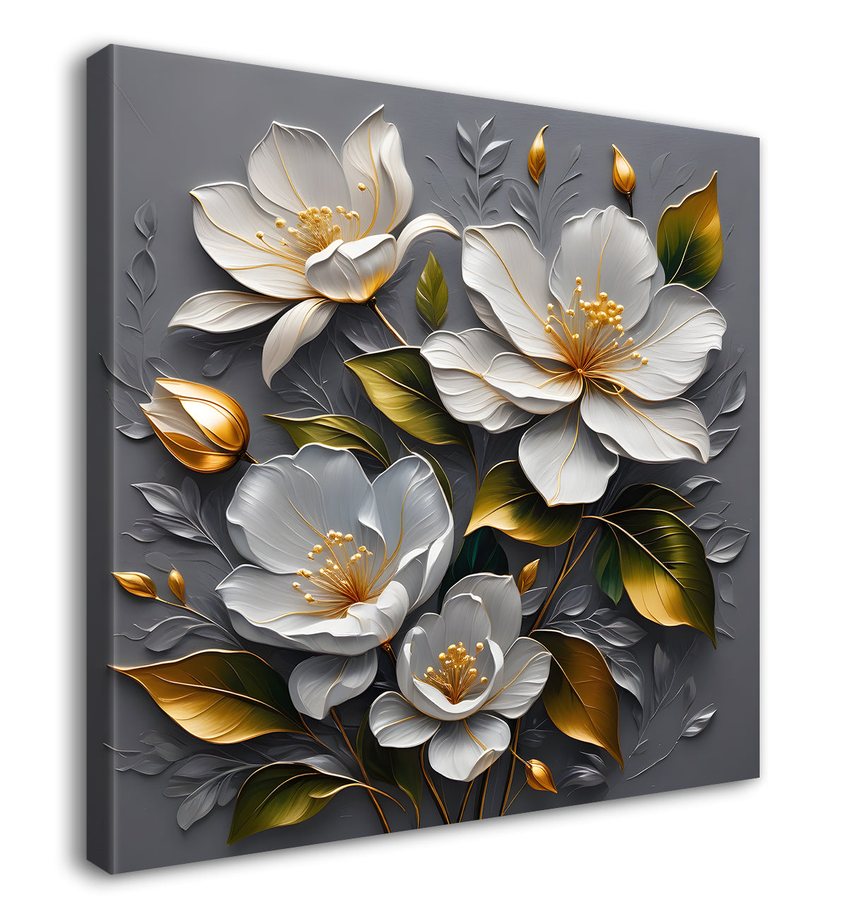 White flowers in grey textured oil painting - Flower-S-426