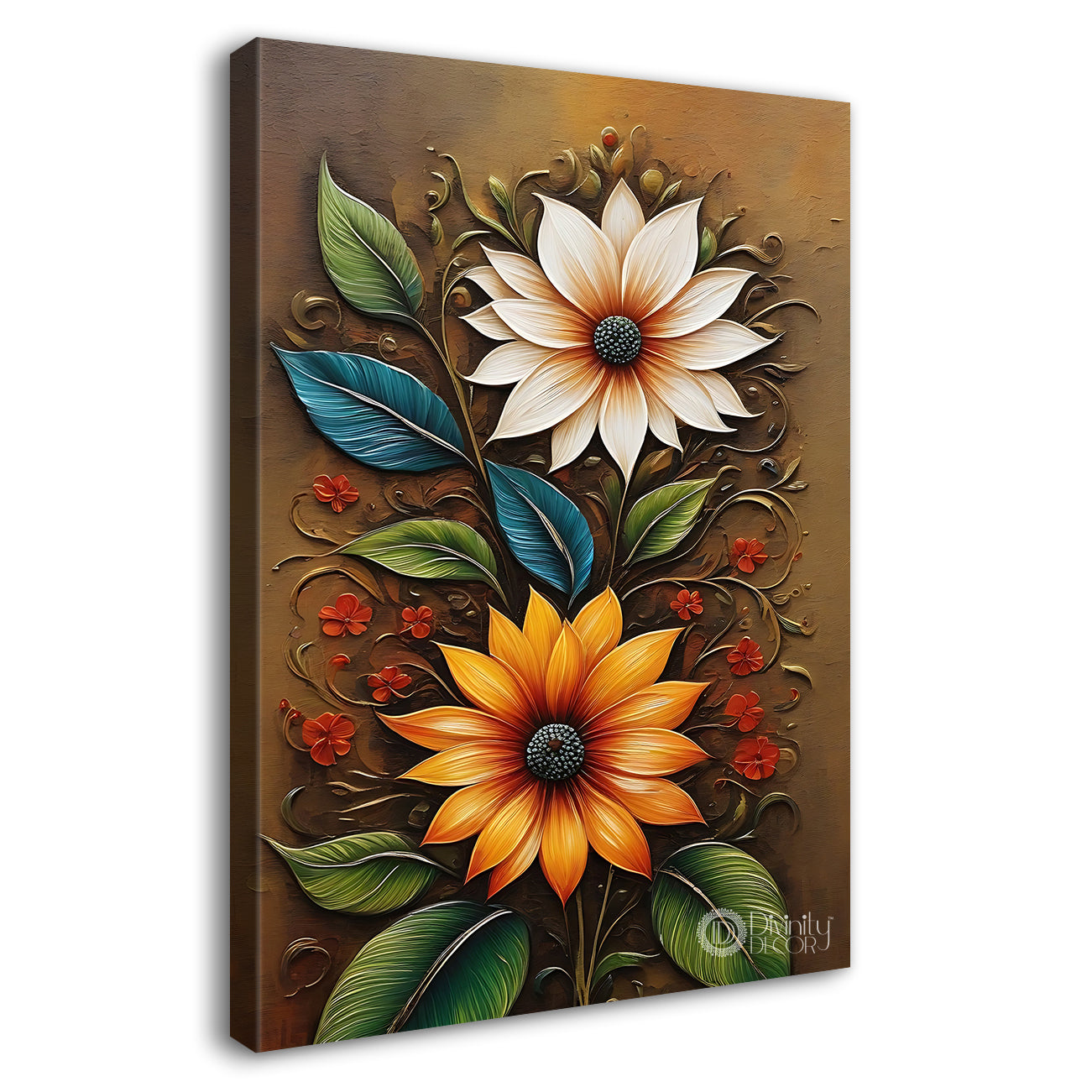 Orange and white flowers in light brown textured painting- Flower-V-426