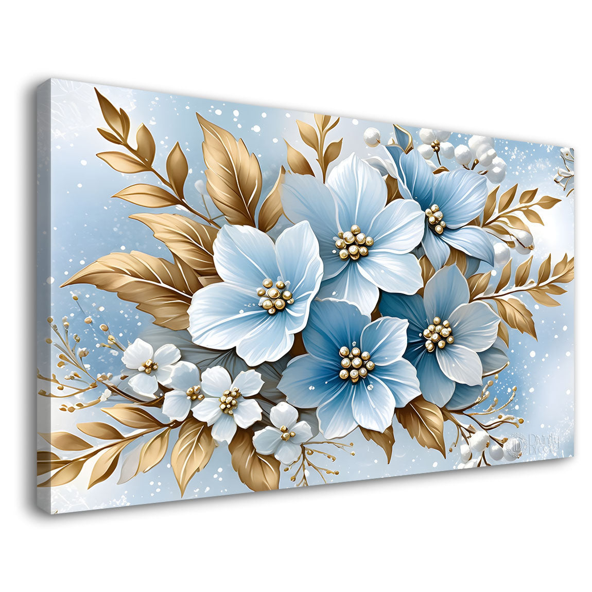 Blue flowers in blue background canvas painting- Flower-426