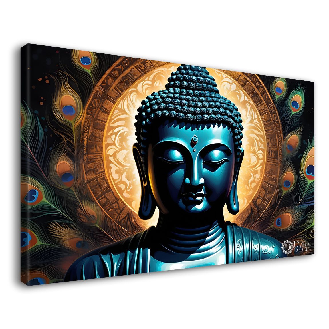 Blue buddha with the peacock feathers background textured painting Canvas Wall Painting - Buddha-427