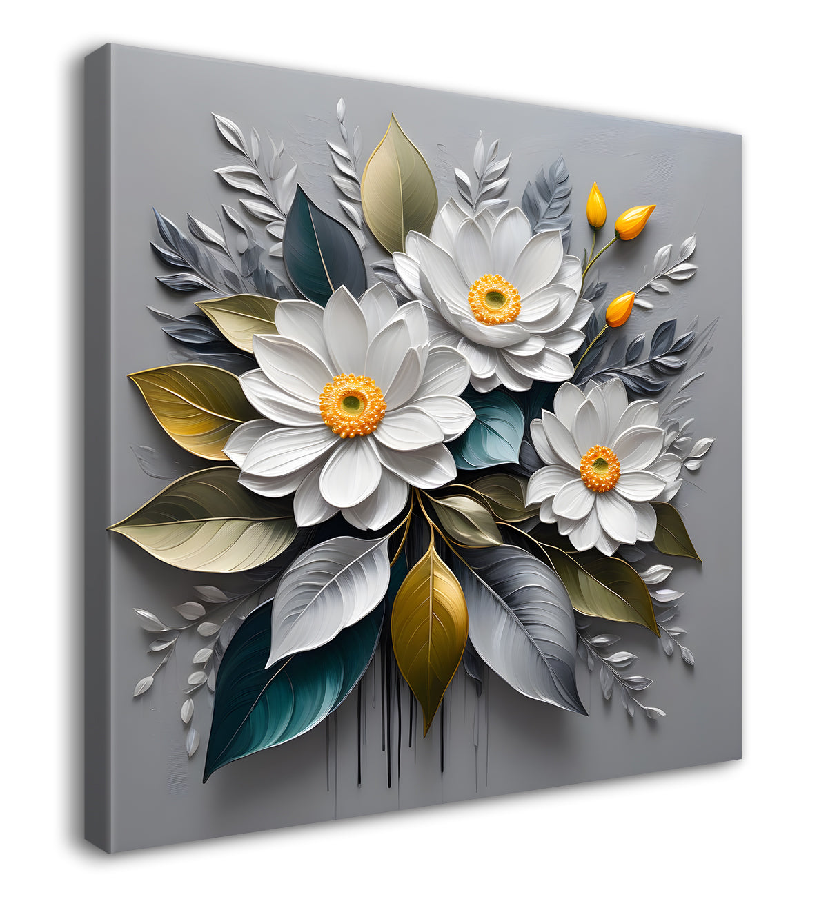 White flowers in grey textured oil painting - Flower-S-427