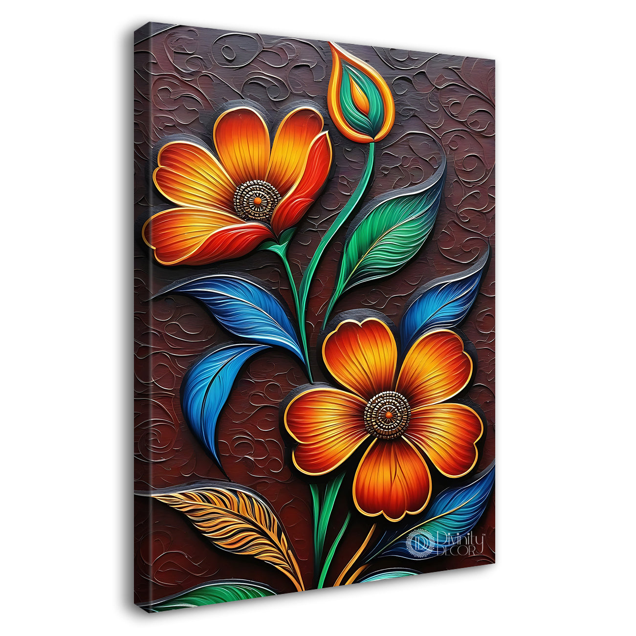 Orange flowers in dark brown textured painting- Flower-V-427