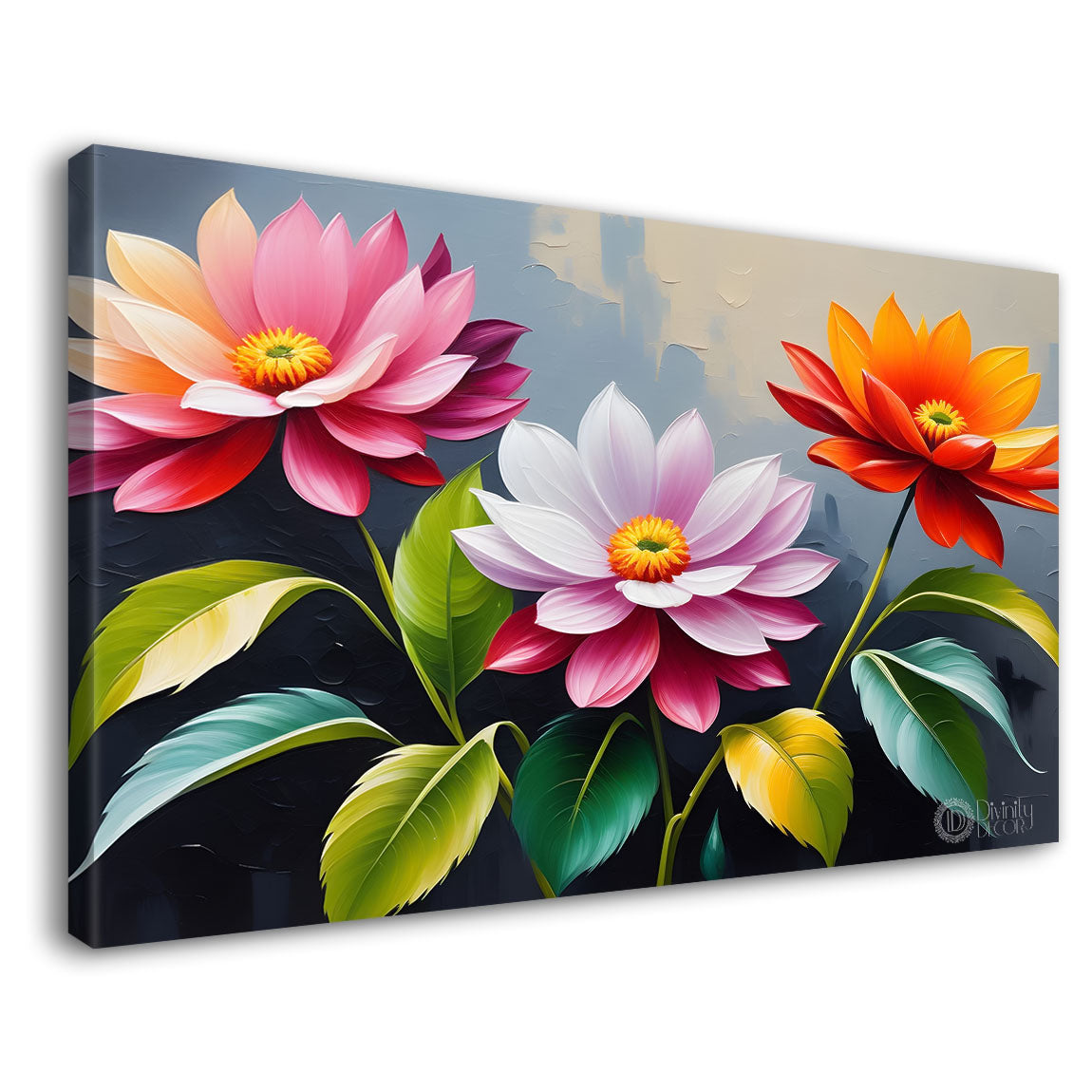 Pink flowers in grey background canvas painting- Flower-427