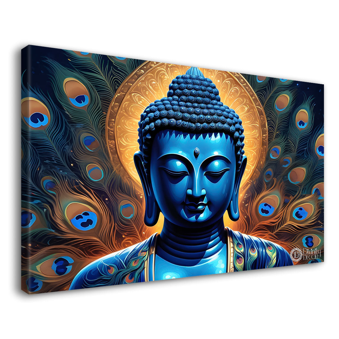 Blue buddha with the peacock feathers background textured painting Canvas Wall Painting - Buddha-428