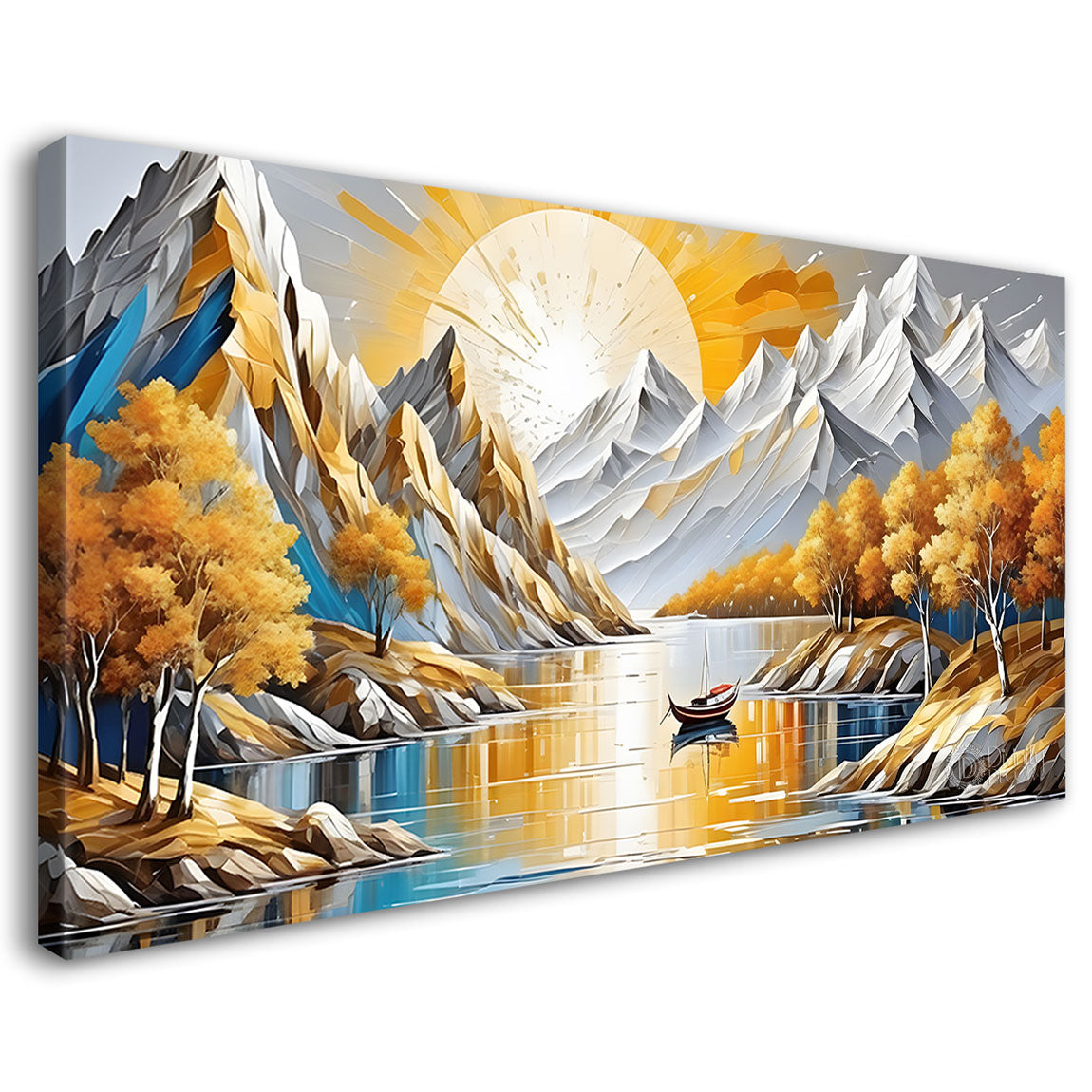 White mountains with sun and tree painting Canvas Painting - Nature Art -428
