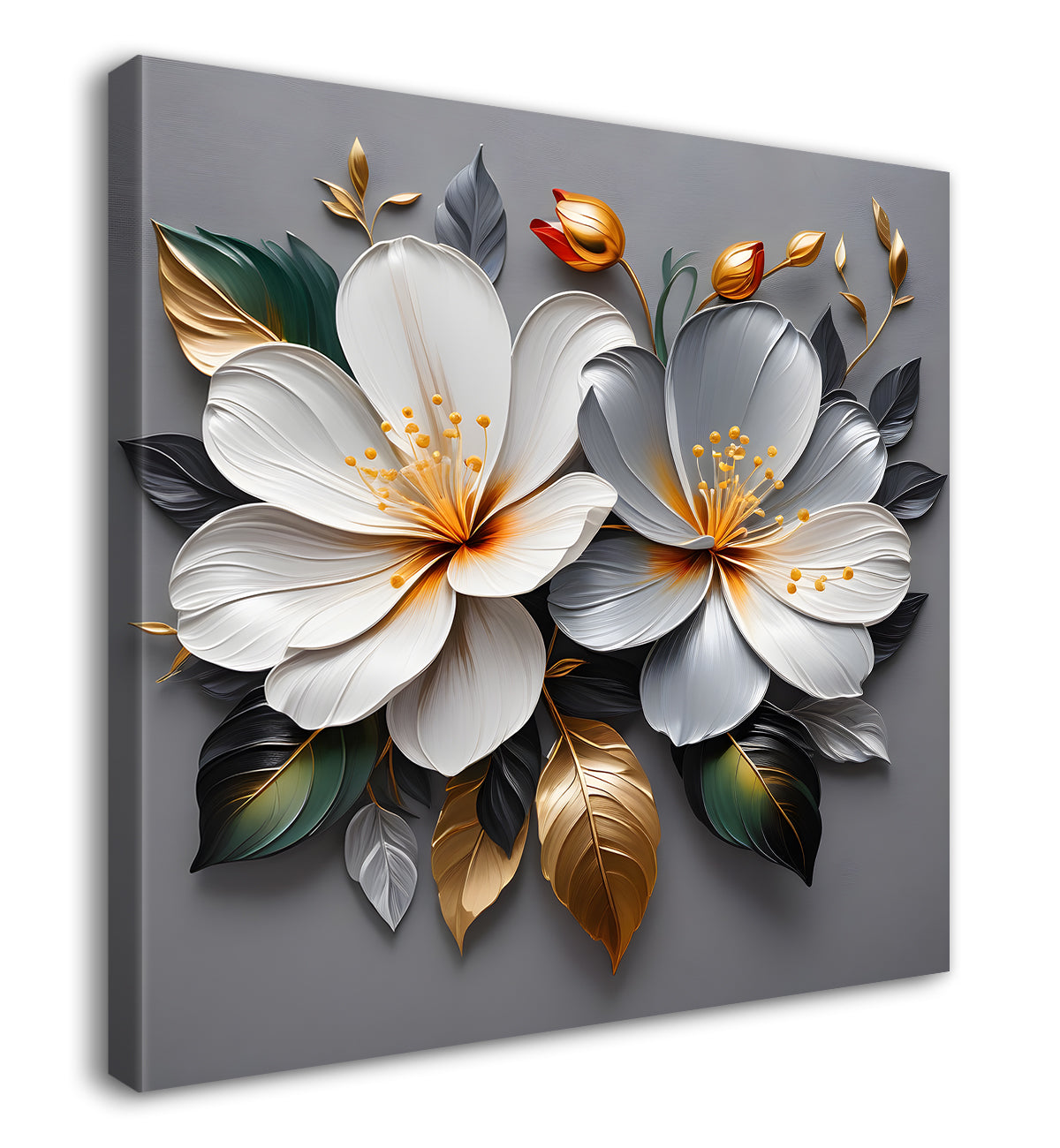 White flowers in grey textured oil painting - Flower-S-428