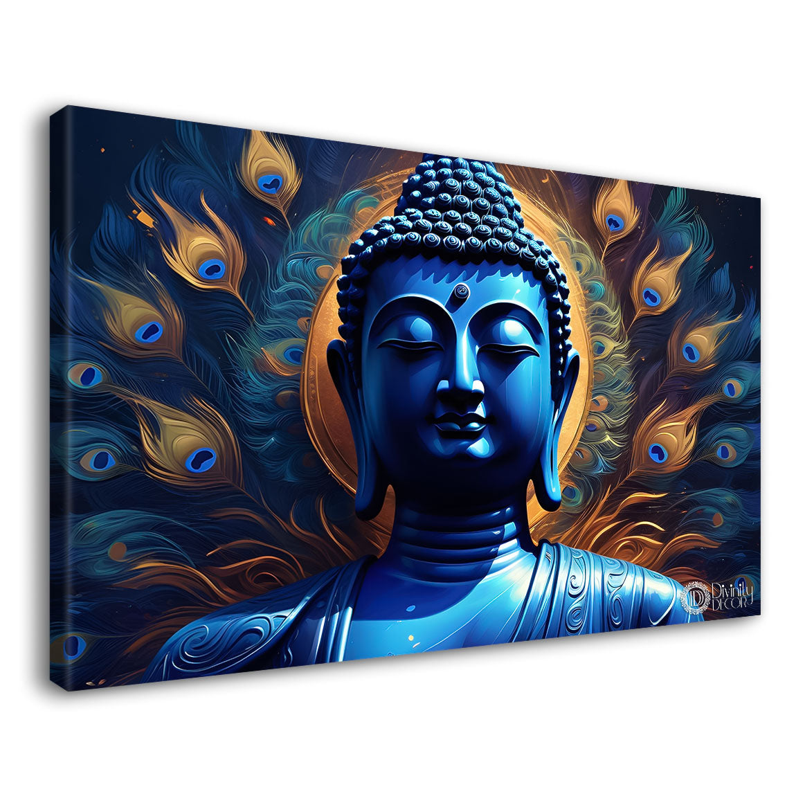 Blue buddha with the peacock feathers background textured painting Canvas Wall Painting - Buddha-429