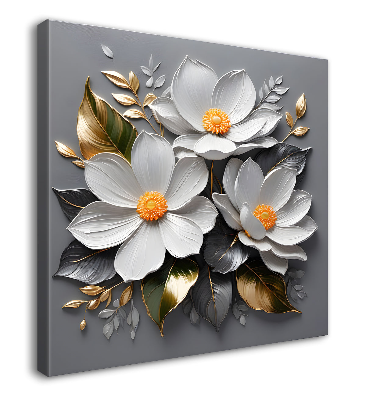 White flowers in grey textured oil painting - Flower-S-429