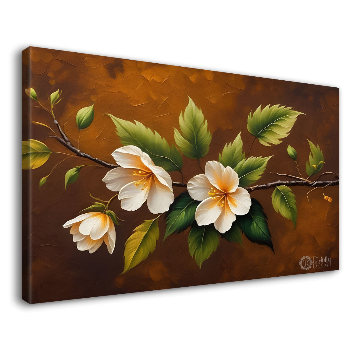 White flowers in brown background canvas painting- Flower-429