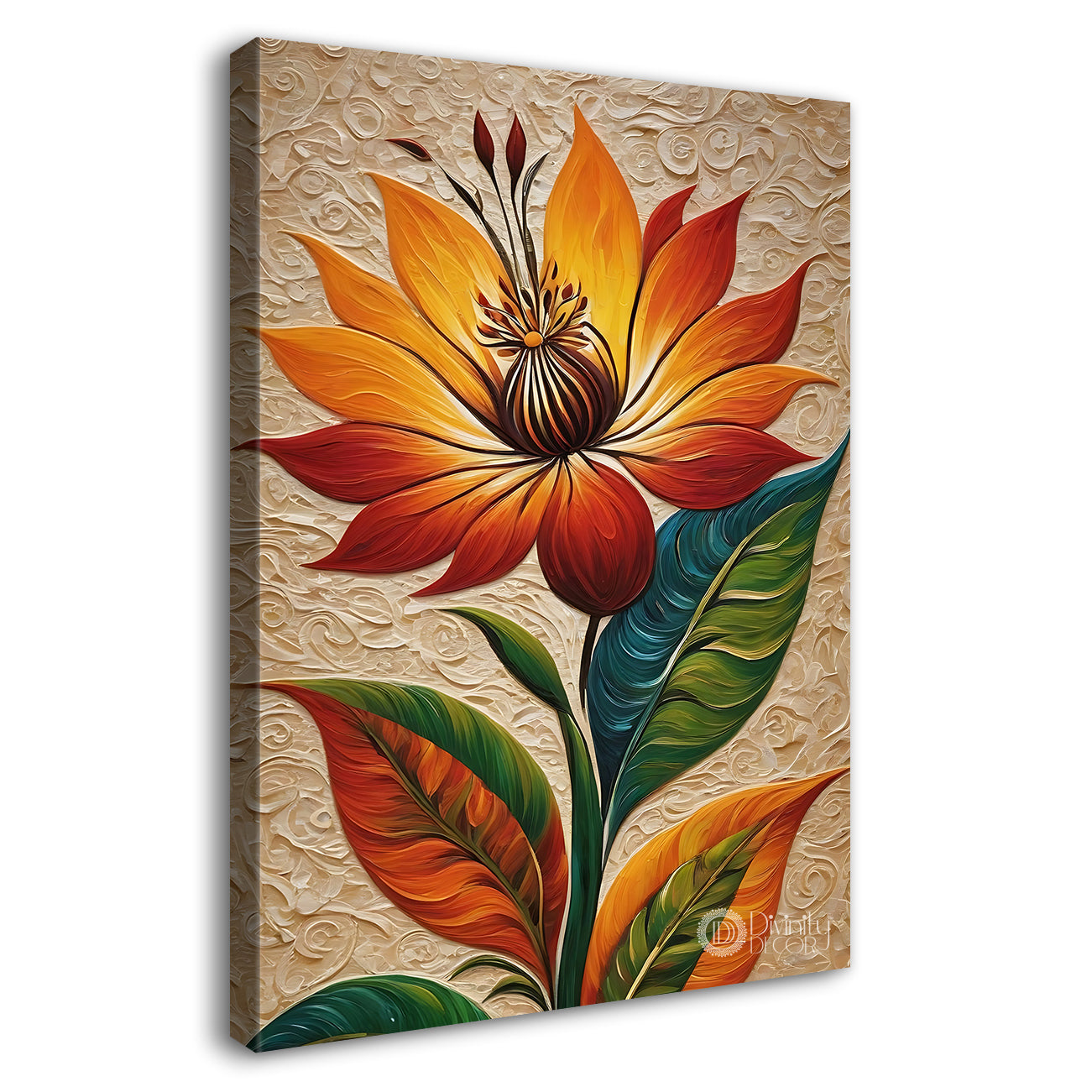 Orange flowers in orange brown textured painting- Flower-V-429
