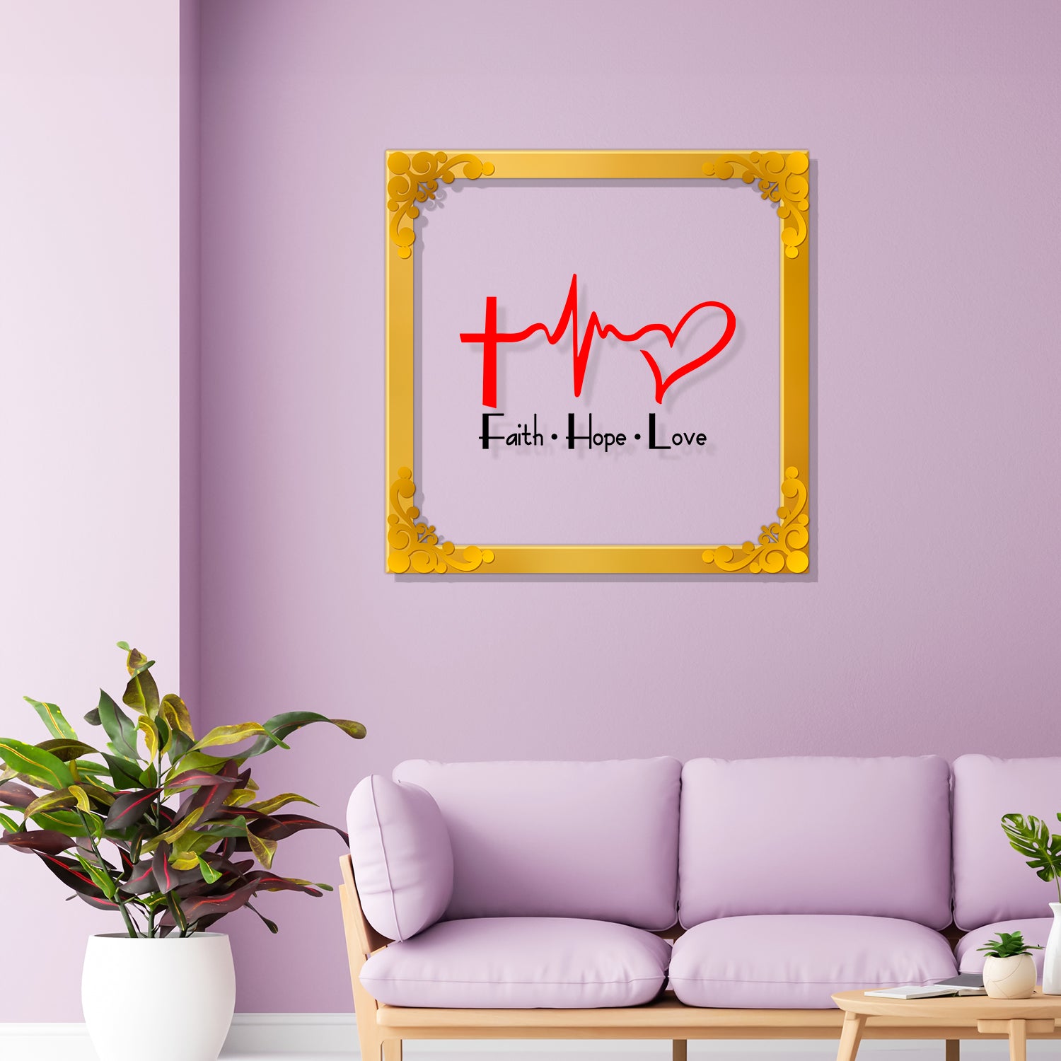 Faith hope love Golden Plaque for Gifting, Wall Decor Clear UV print with Golden Border-42