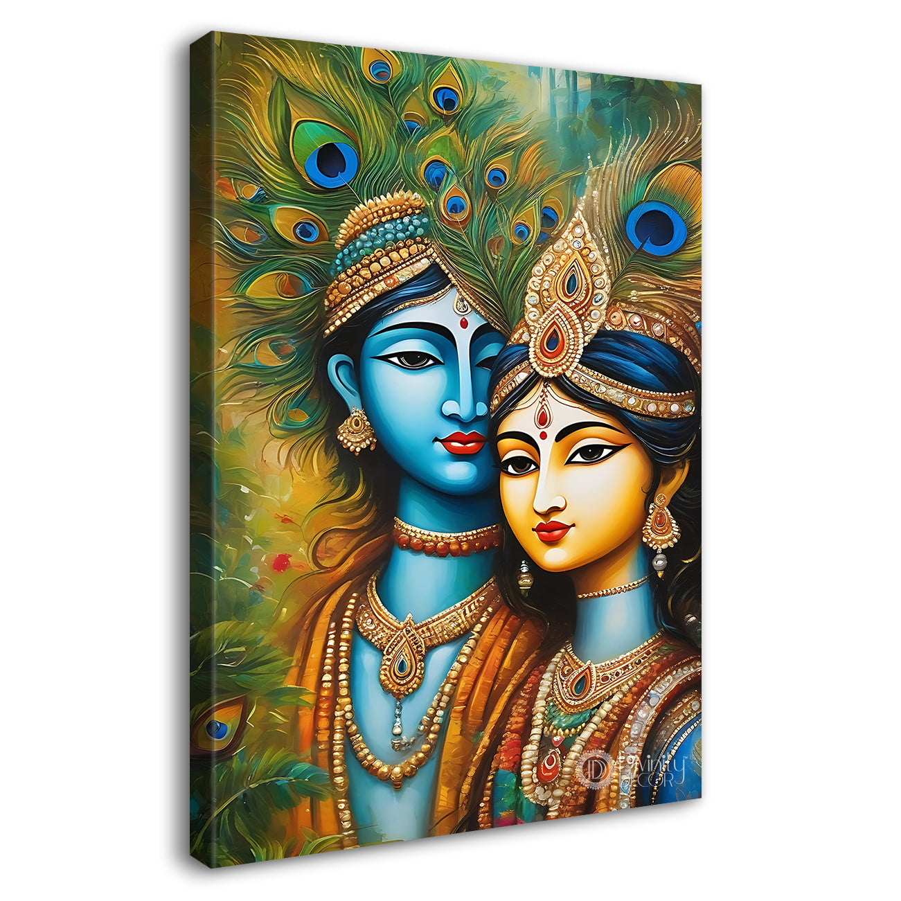 Blue face of krishna with radha in peacock feathers background textured art Canvas Painting - Design - Krishna-V-42