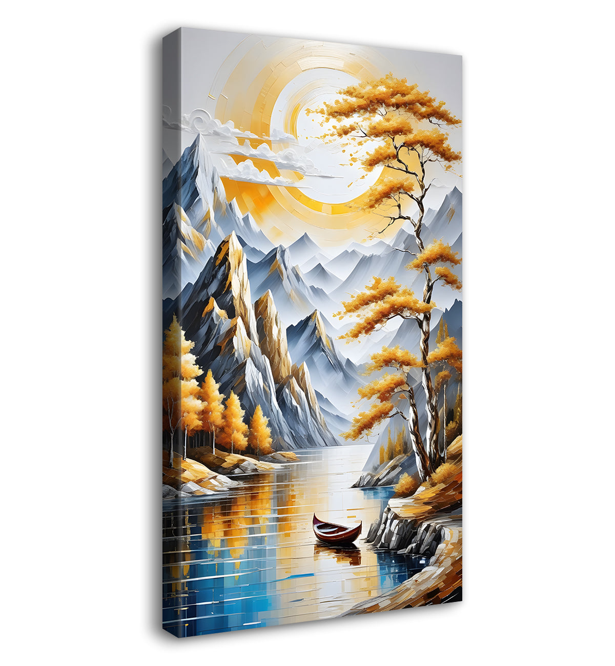 White mountains with golden trees and lake textured natural art Canvas Painting - Nature Art -V-42