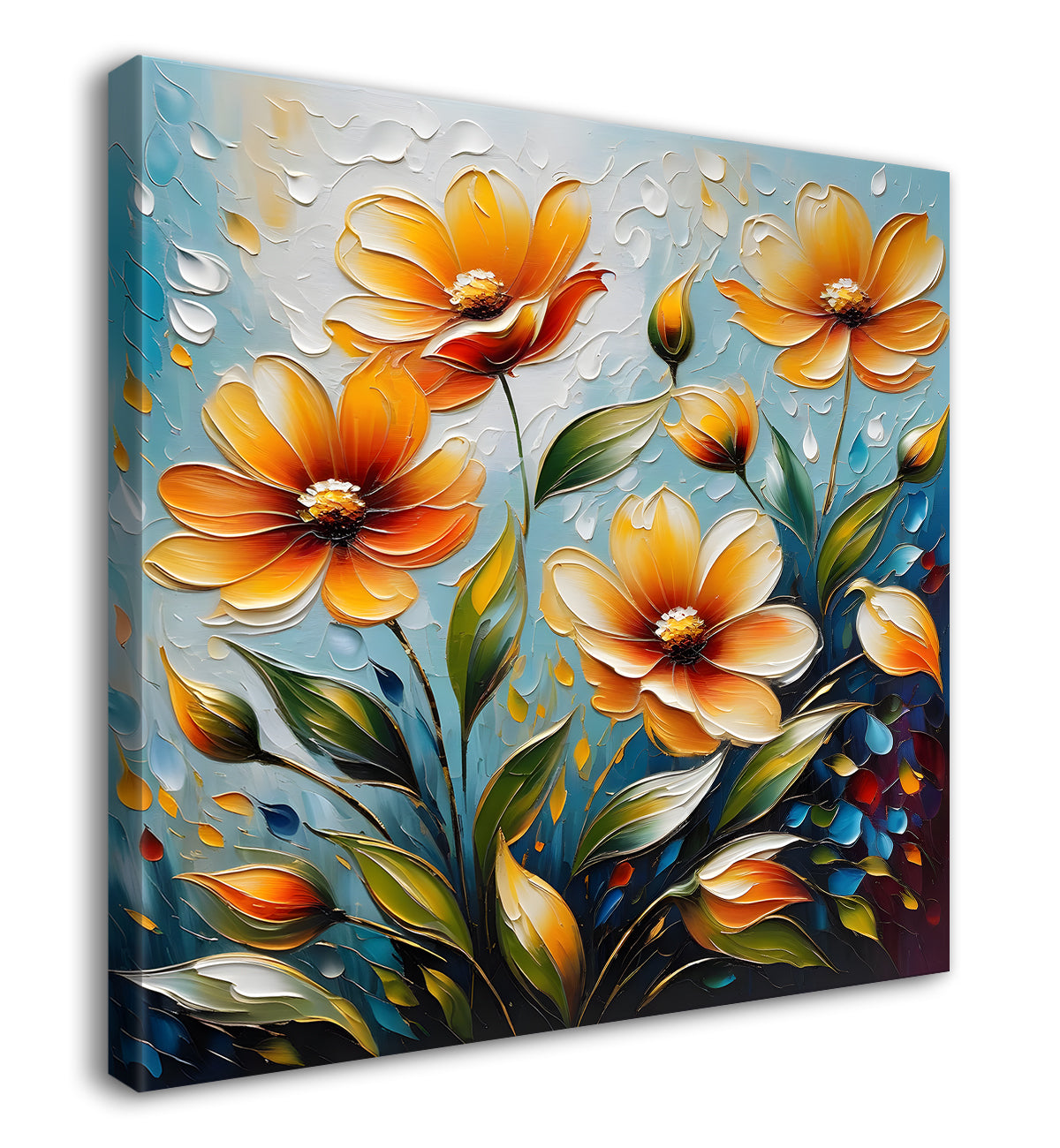 Yellow flowers in blue background textured painting  - Flower-S-42