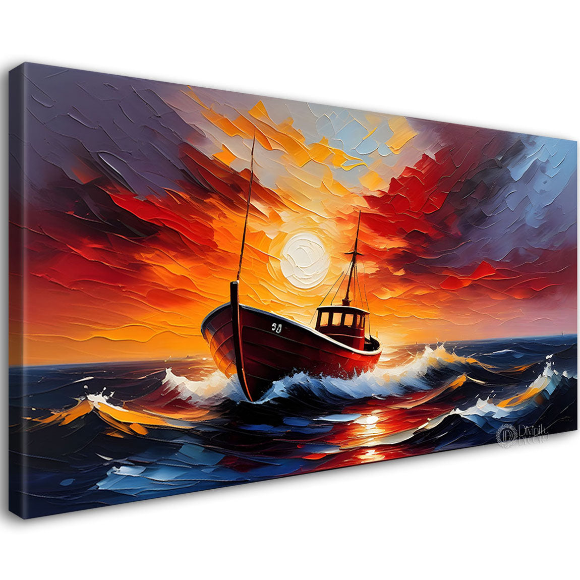 Boat in sea with red background textured modern art canvas painting - Design - River-42