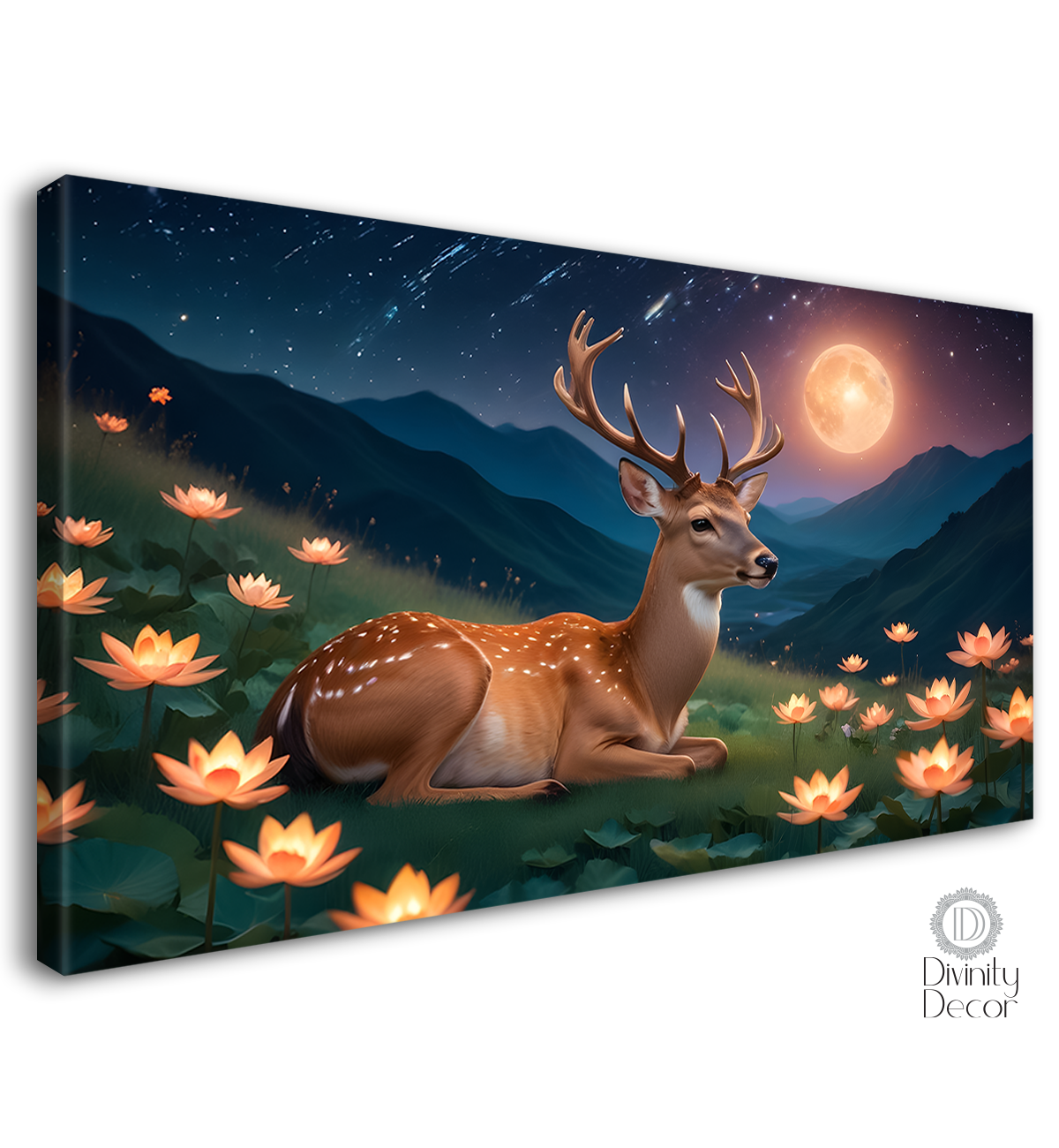 Deer with lotus and mountains in night background textured art.- Design - Animal -42