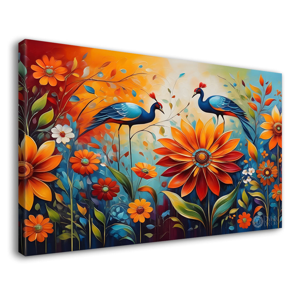 Orange flowers with birds textured painting- Design - Flower-42