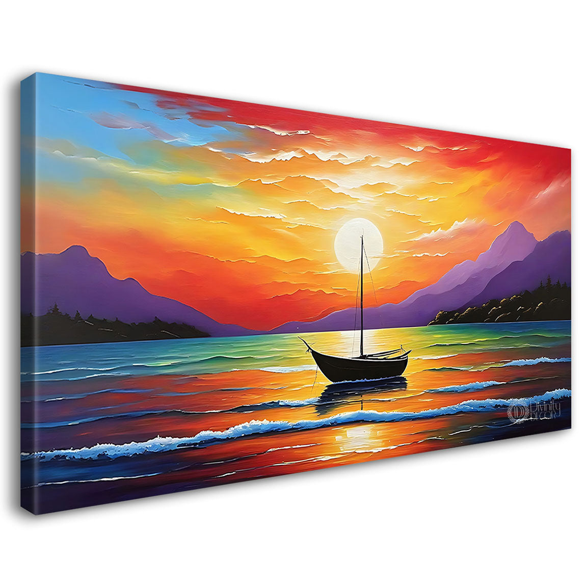 Boat on a river with mountains and colorful sky in textured natural art Canvas Painting - Nature Art -42