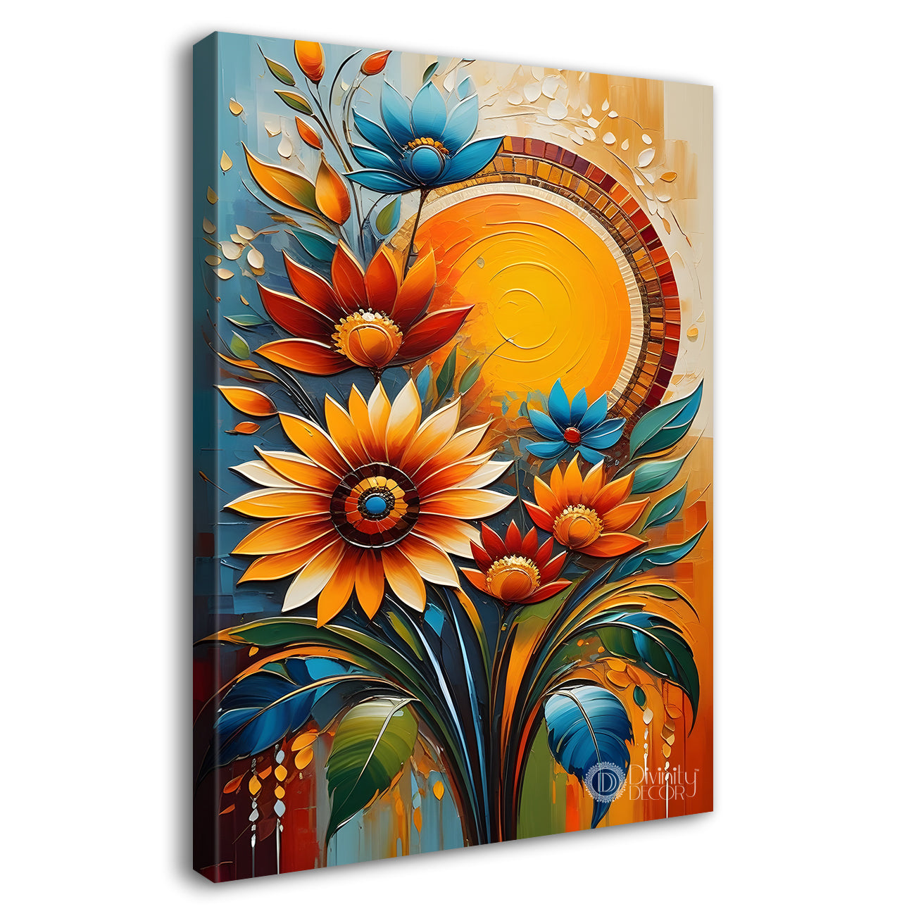 Orange and blue flowers in yellow textured background painting - Flower-V-42