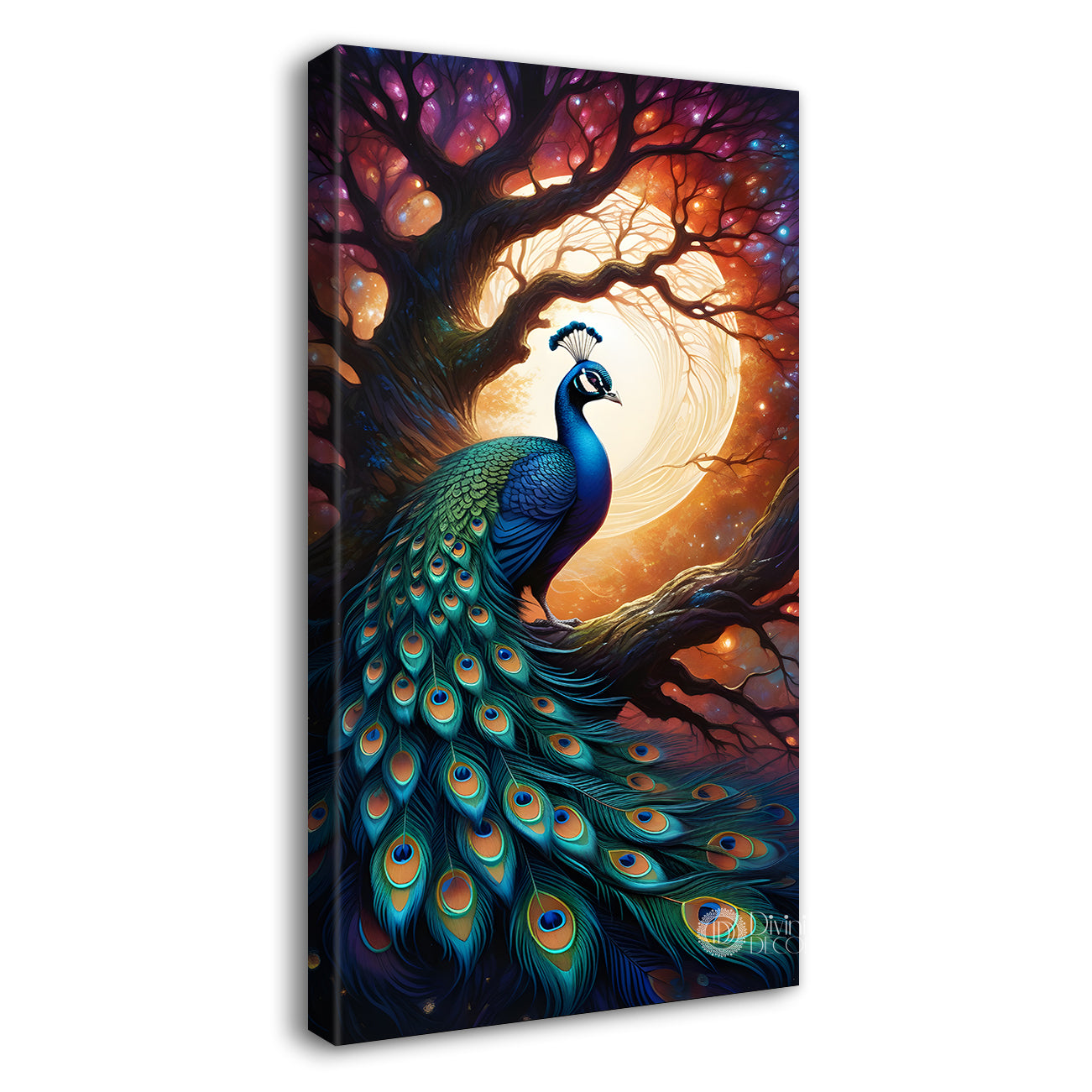 Peacock on branch in front of moon modern art painting   - Design - Peacock-V-42