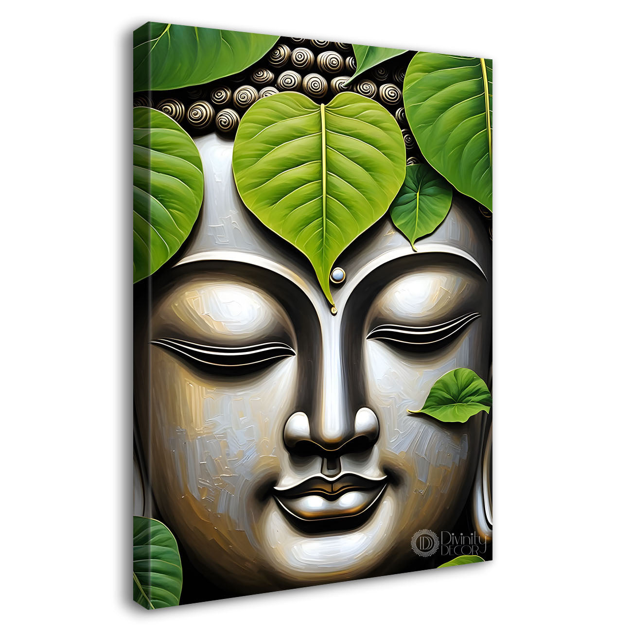 Buddha face with green leaves background textured painting - Buddha-V-42