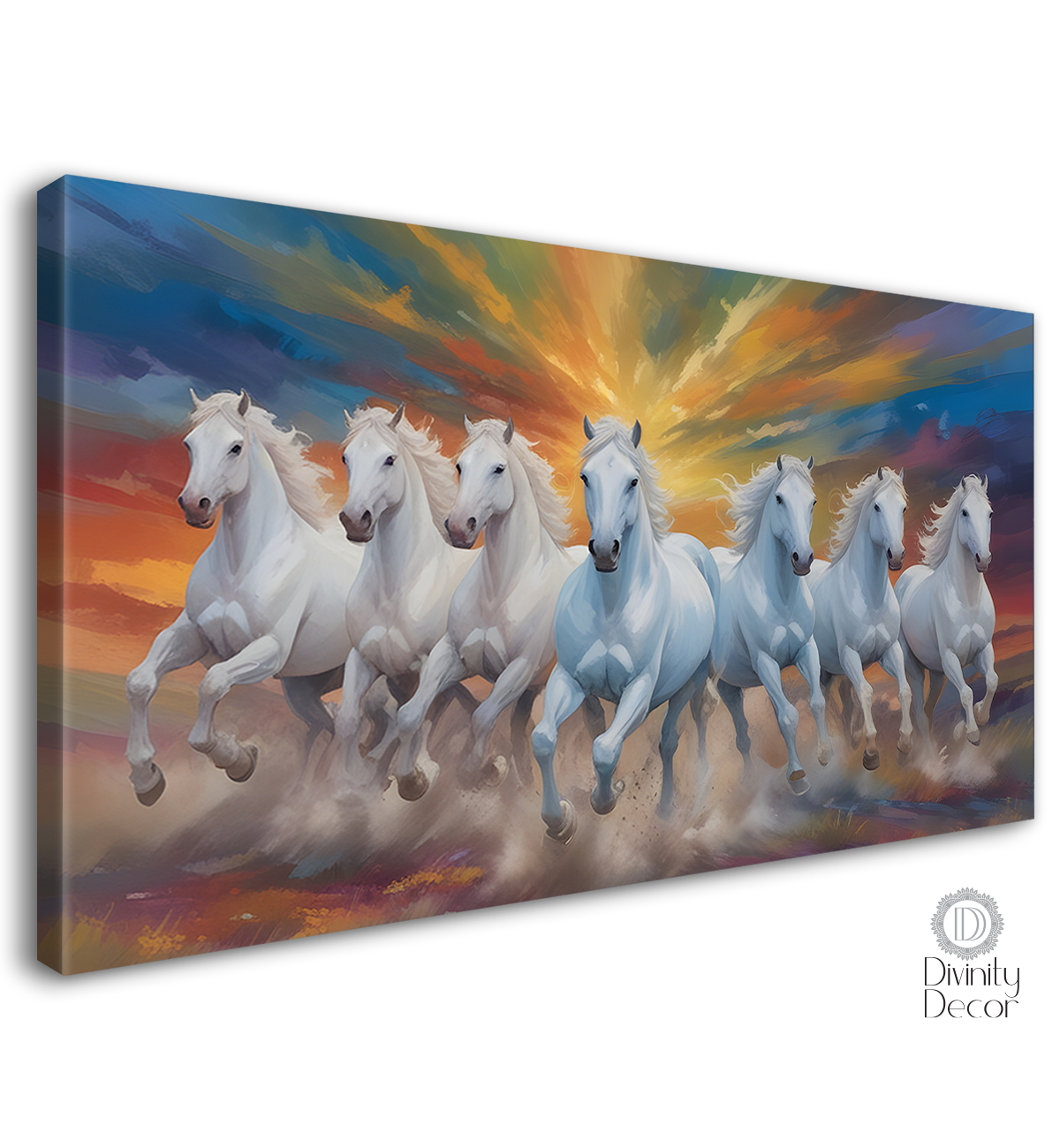 White running horses in colorful textured background art Canvas Painting - Design - Horse-43
