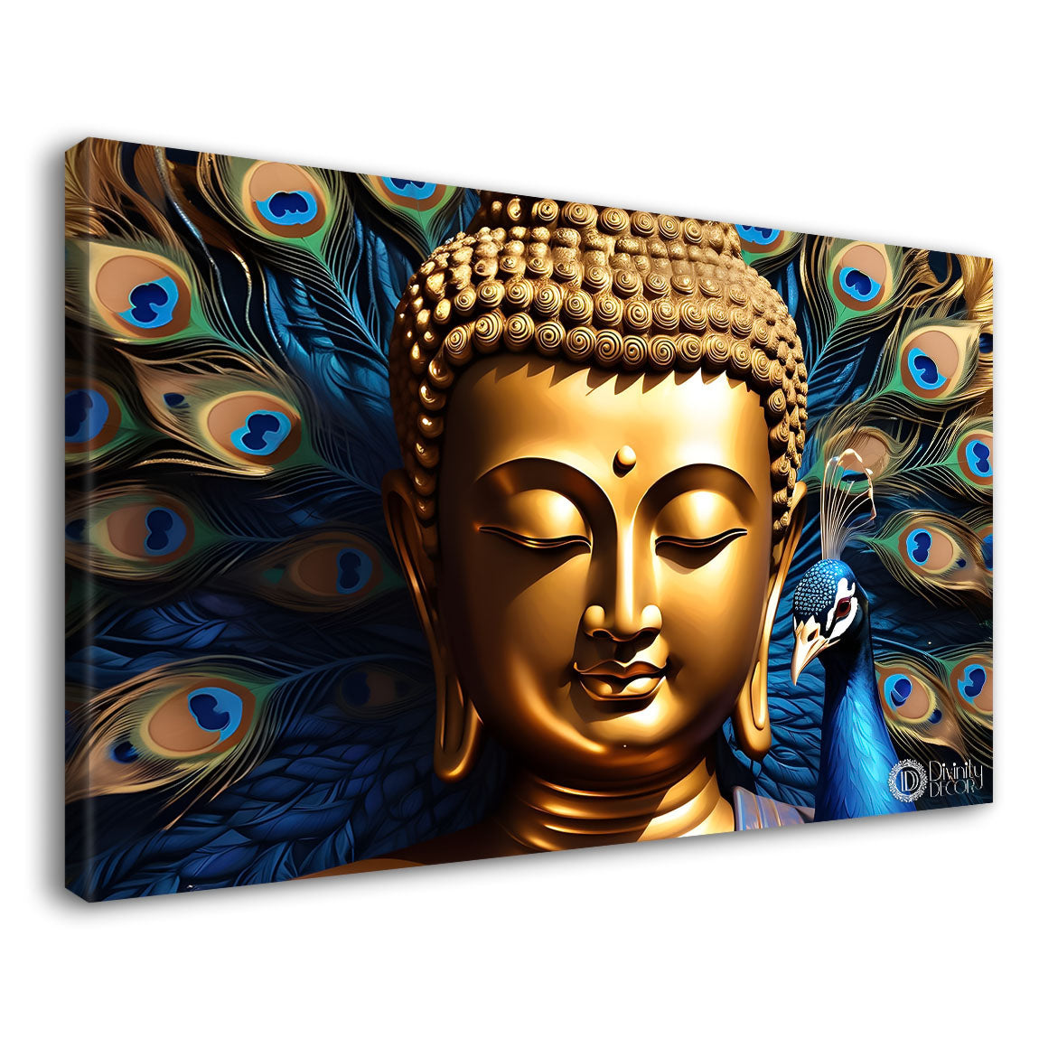 Golden buddha with the peacock feathers background textured painting Canvas Wall Painting - Buddha-430