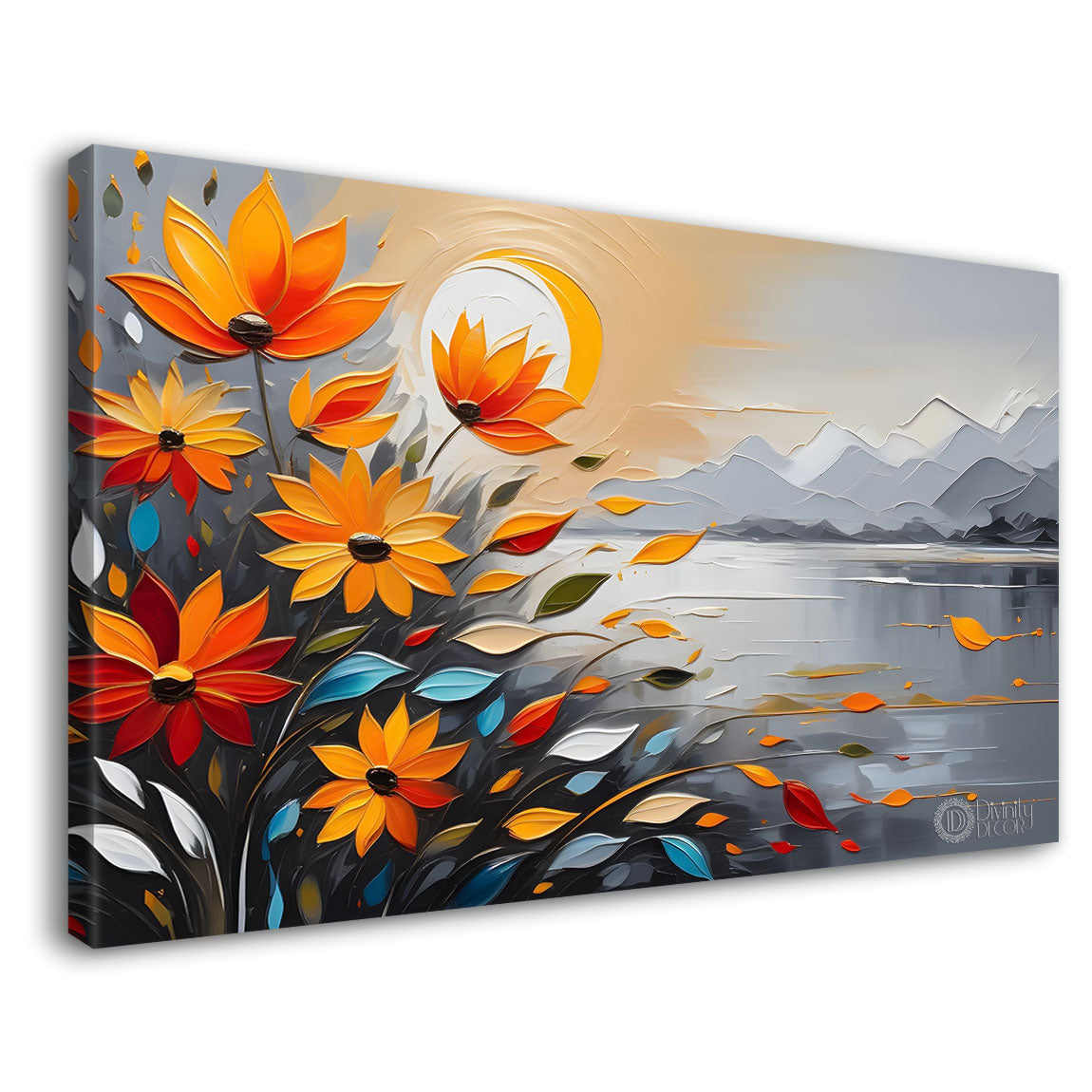 Orange flowers with the sunset and river textured painting canvas painting- Flower-430