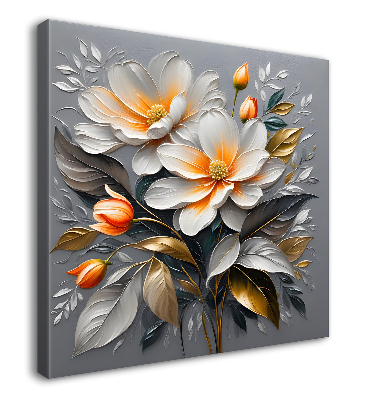 White flowers in grey textured oil painting - Flower-S-430