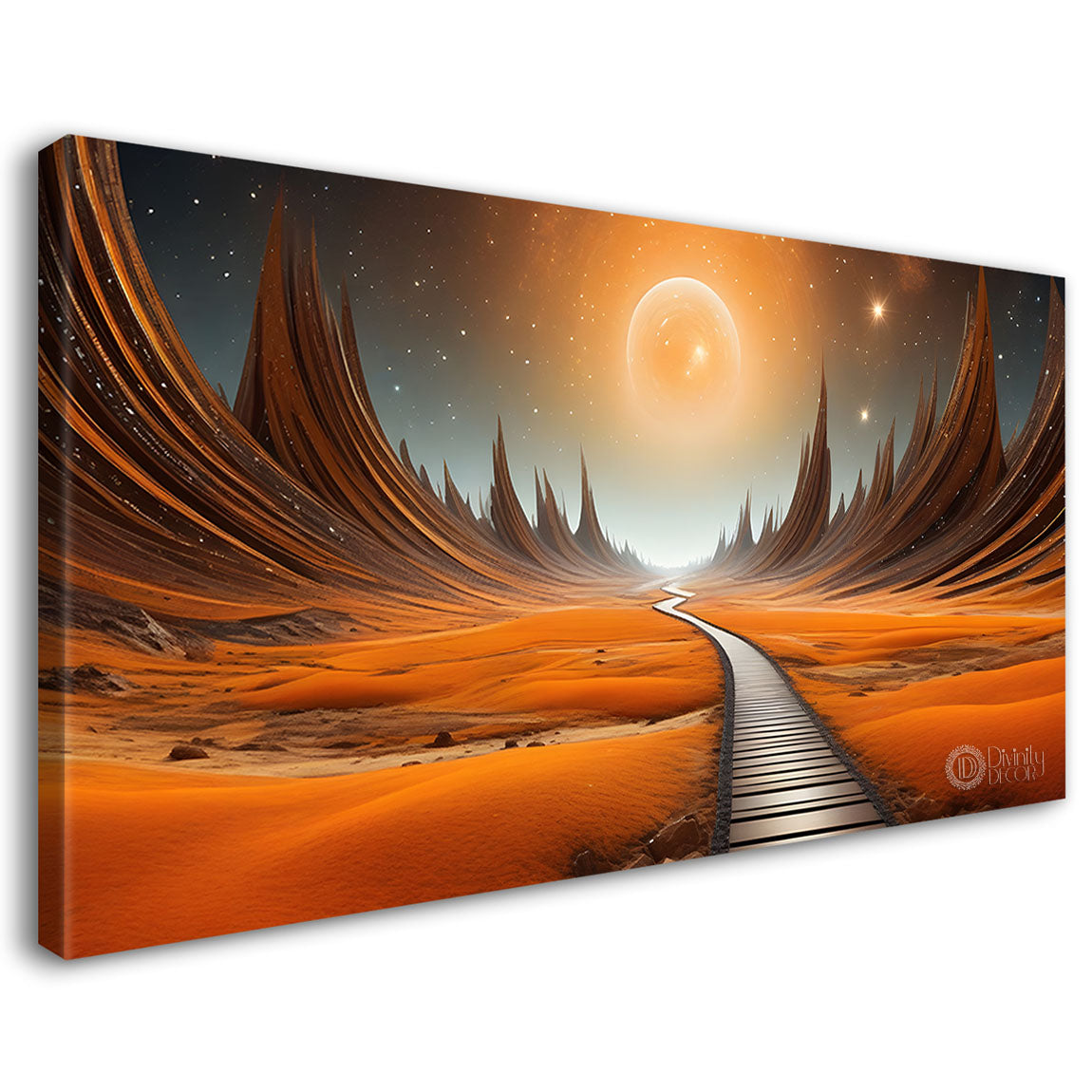 Orange mountains and land with moon painting Canvas Painting - Nature Art -430